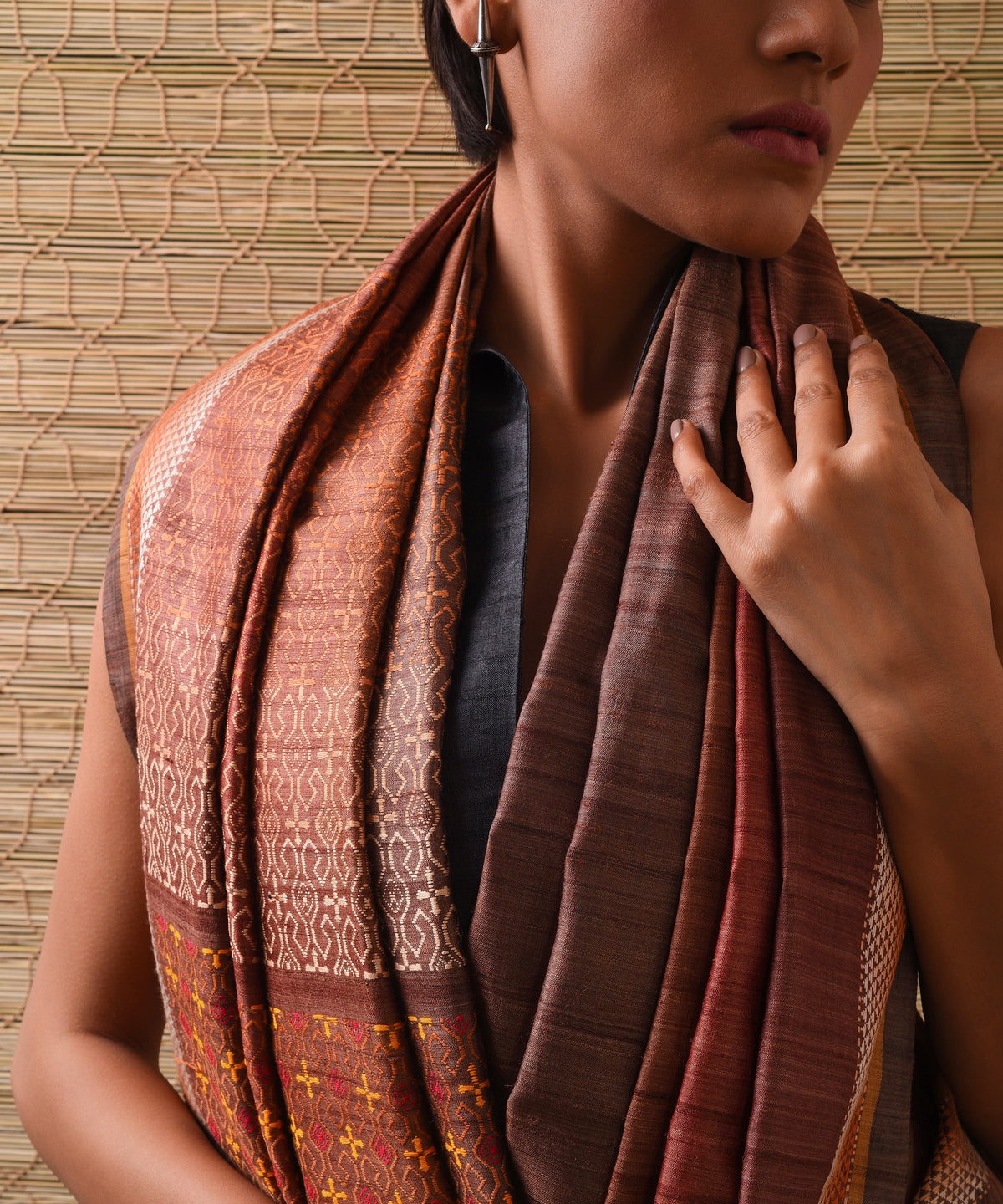 TRI RATNA Handwoven Tussar Silk Saree - Pecan Brown