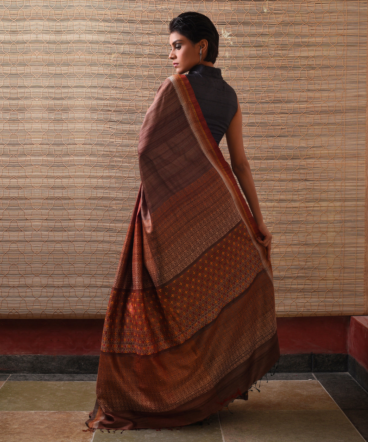 TRI RATNA Handwoven Tussar Silk Saree - Pecan Brown