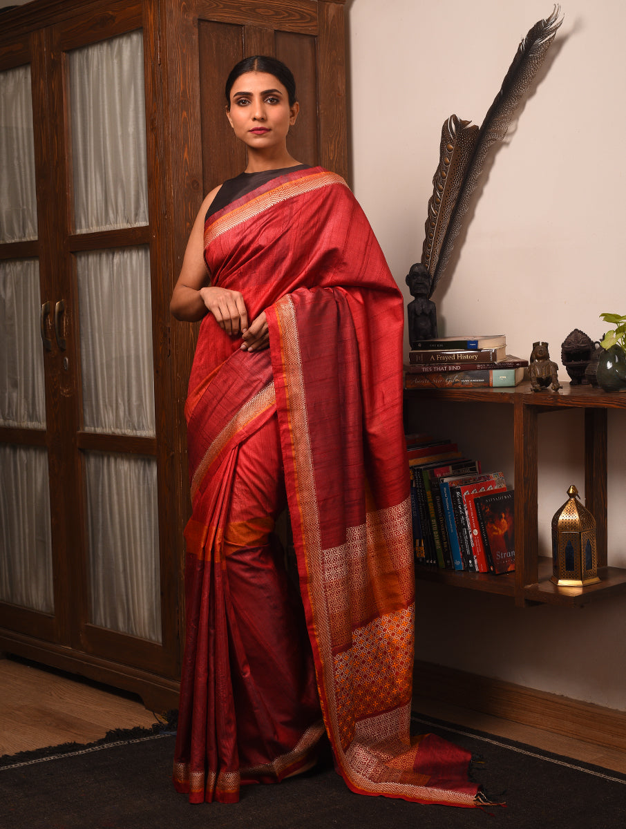 TRI RATNA Handwoven Tussar Silk Saree - Crimson Red