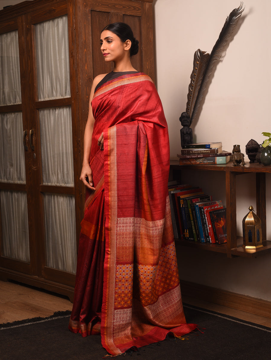 TRI RATNA Handwoven Tussar Silk Saree - Crimson Red