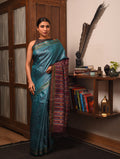 BOMKAI Handwoven Tussar Silk Saree - Teal Blue