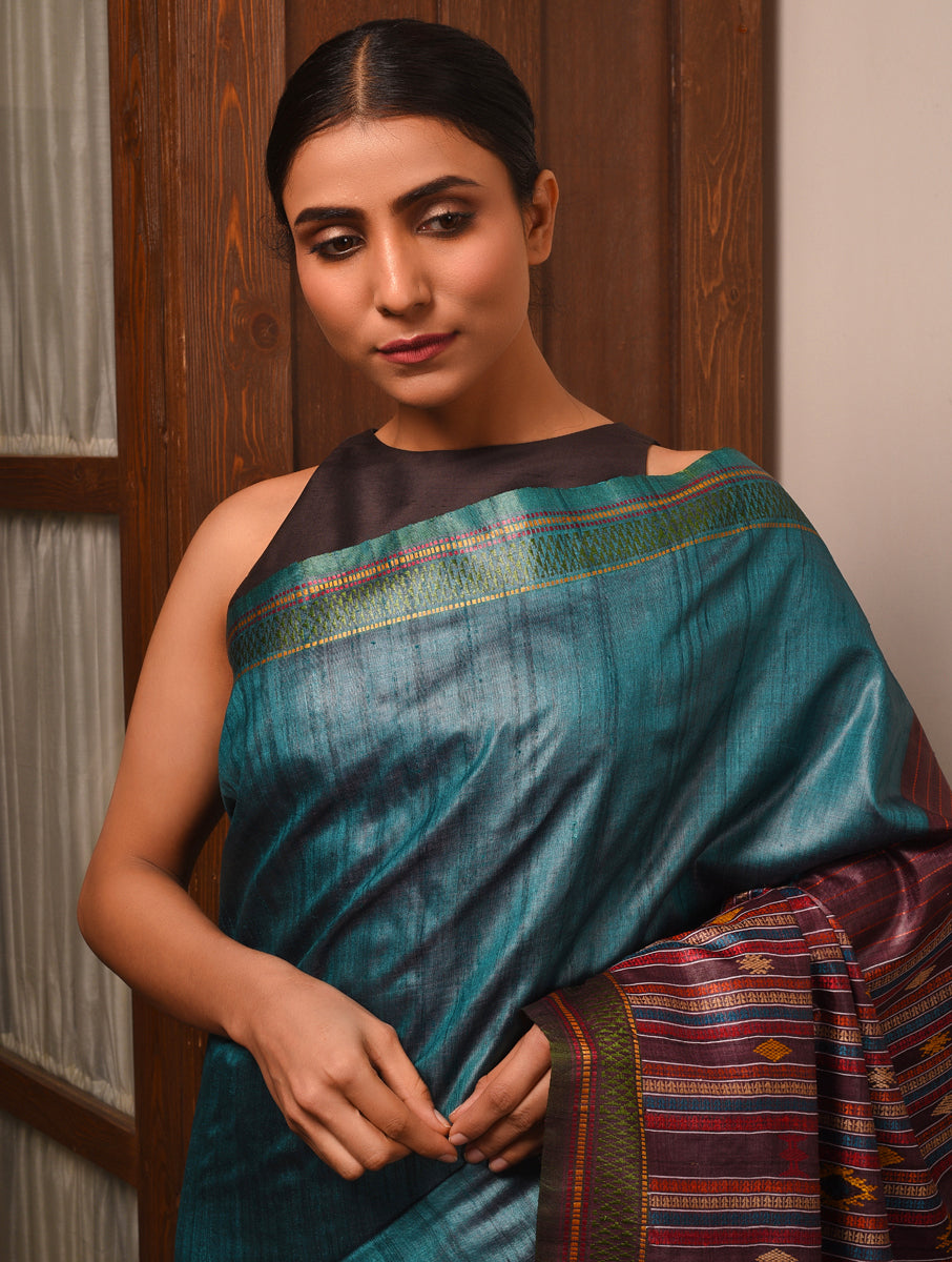 BOMKAI Handwoven Tussar Silk Saree - Teal Blue