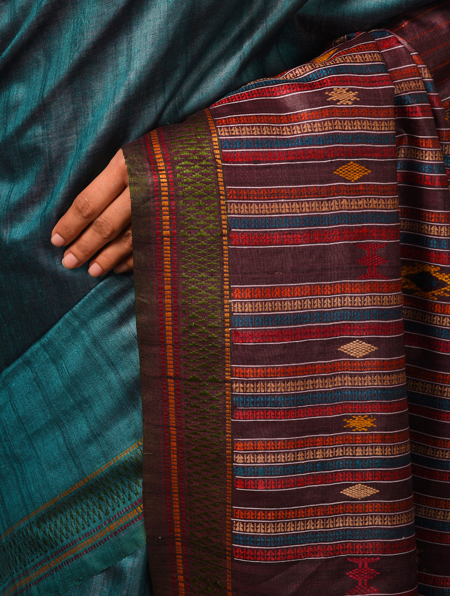 BOMKAI Handwoven Tussar Silk Saree - Teal Blue