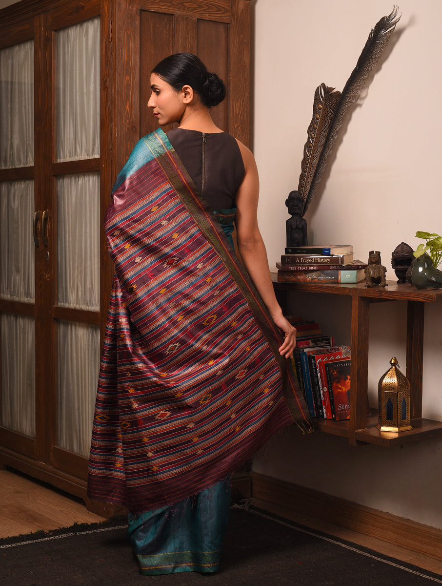 BOMKAI Handwoven Tussar Silk Saree - Teal Blue