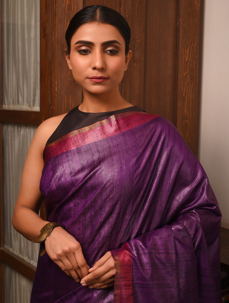 DHAAN Handwoven Tussar Silk Saree - Plum