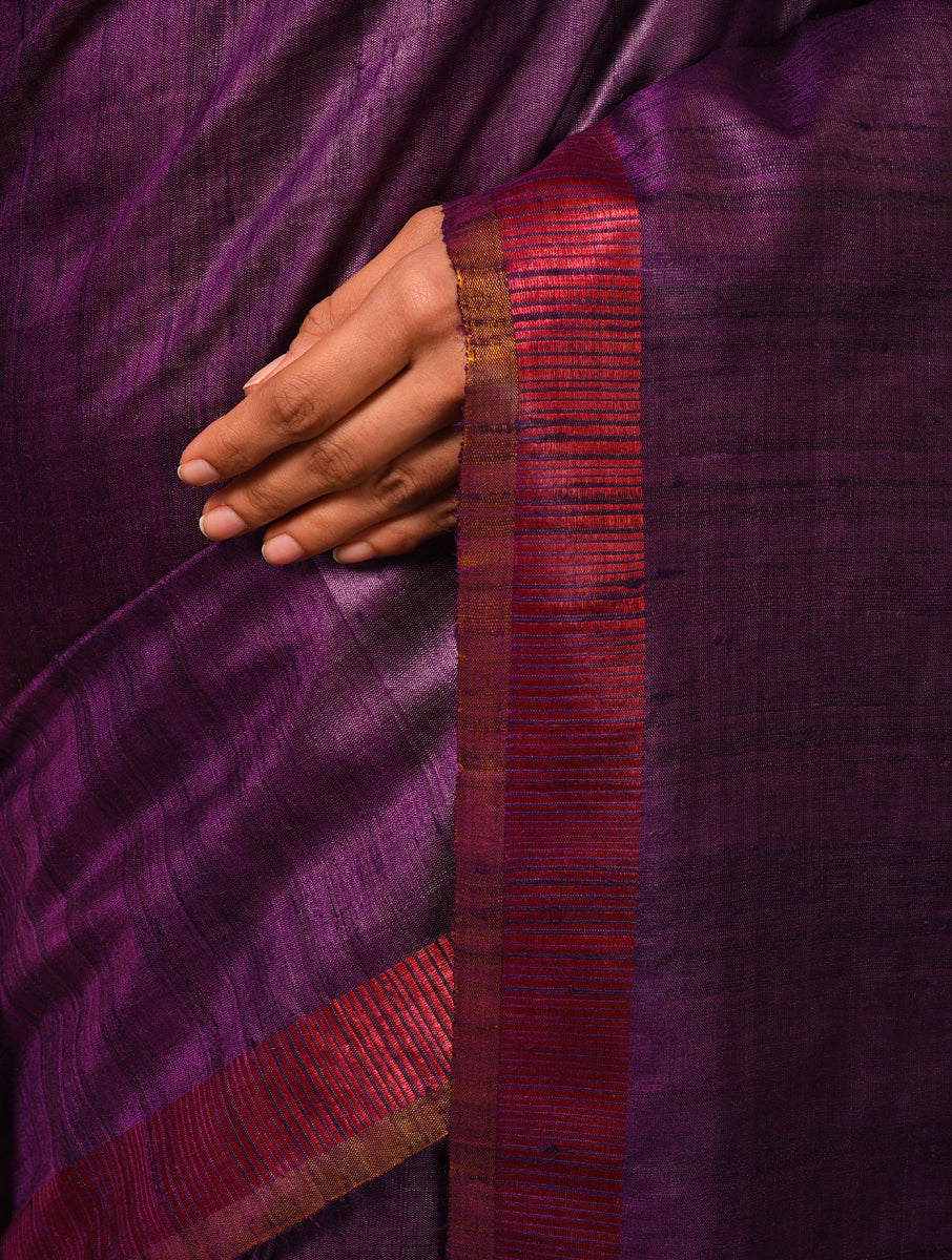 DHAAN Handwoven Tussar Silk Saree - Plum