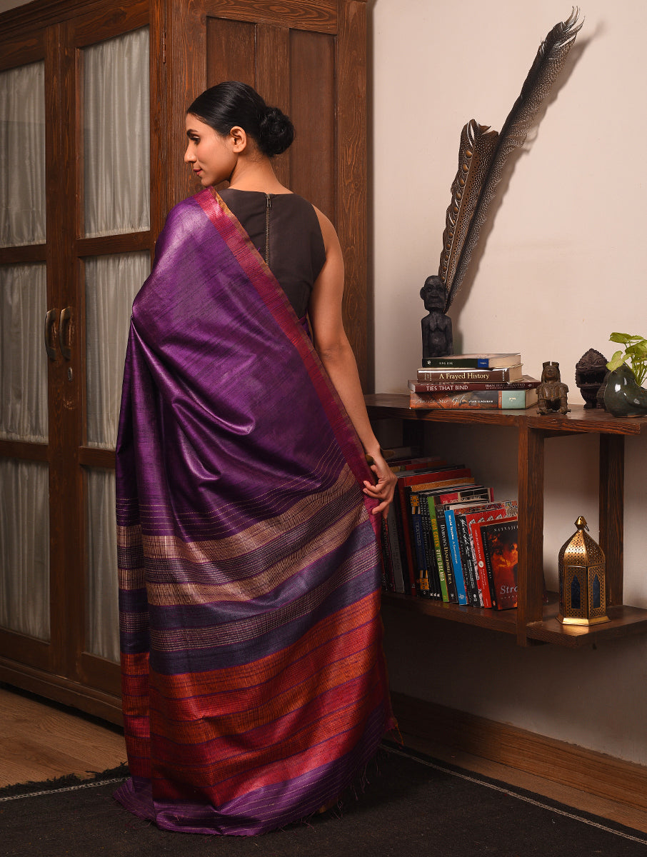 DHAAN Handwoven Tussar Silk Saree - Plum