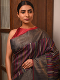 BEEJ Long Pallu Handwoven Tussar Silk Saree - Charcoal