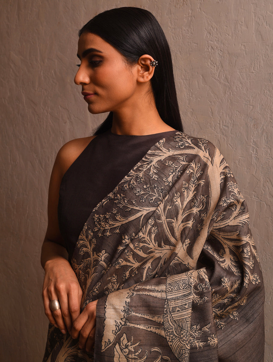 DABU TREE OF LIFE Peacock motif Tussar Silk Sari - cedar brown