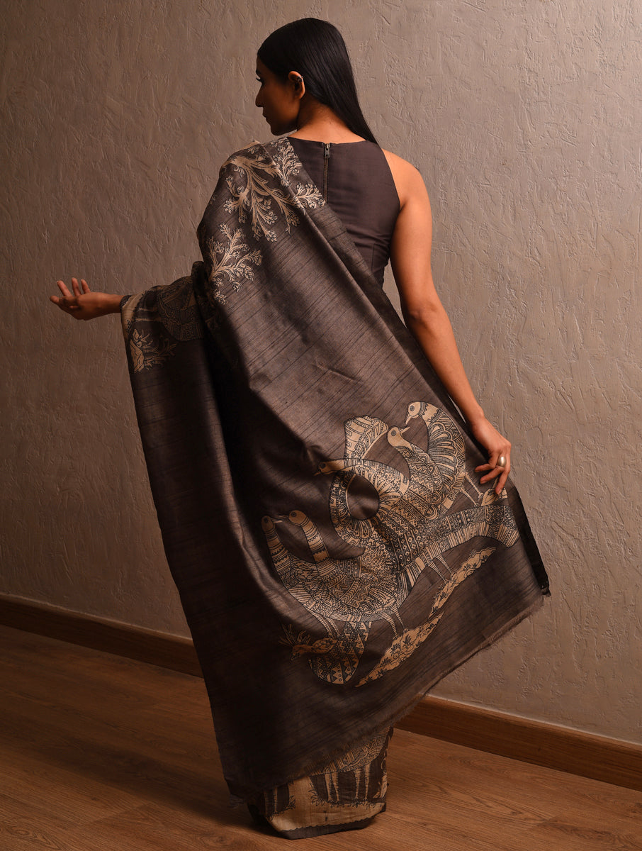 DABU TREE OF LIFE Peacock motif Tussar Silk Sari - cedar brown
