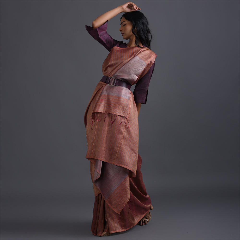 Zari Stripe Handwoven Tussar Silk Saree - Pecan Rust