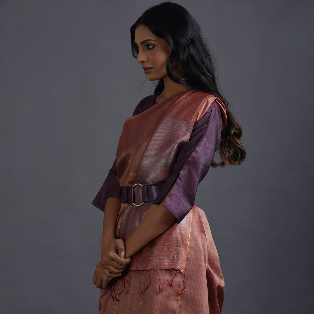 Zari Stripe Handwoven Tussar Silk Saree - Pecan Rust