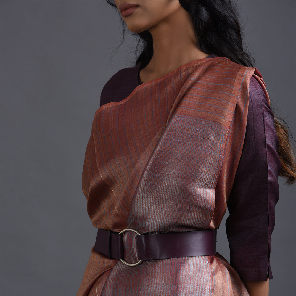 Zari Stripe Handwoven Tussar Silk Saree - Pecan Rust
