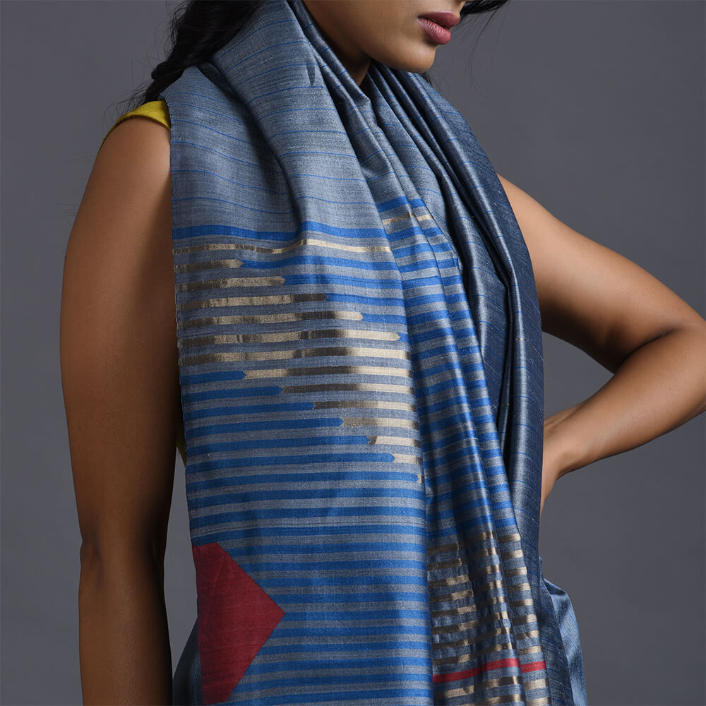 Bindu Handwoven Tussar Silk Saree - Steel Blue