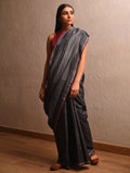 IKAT Tussar Thippa Long Pallu Handwoven Silk Saree - Charcoal Black