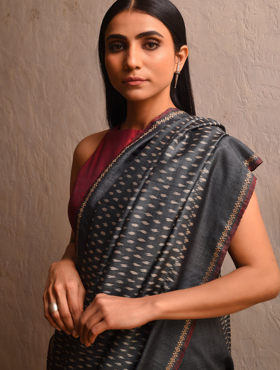 IKAT Tussar Thippa Long Pallu Handwoven Silk Saree - Charcoal Black