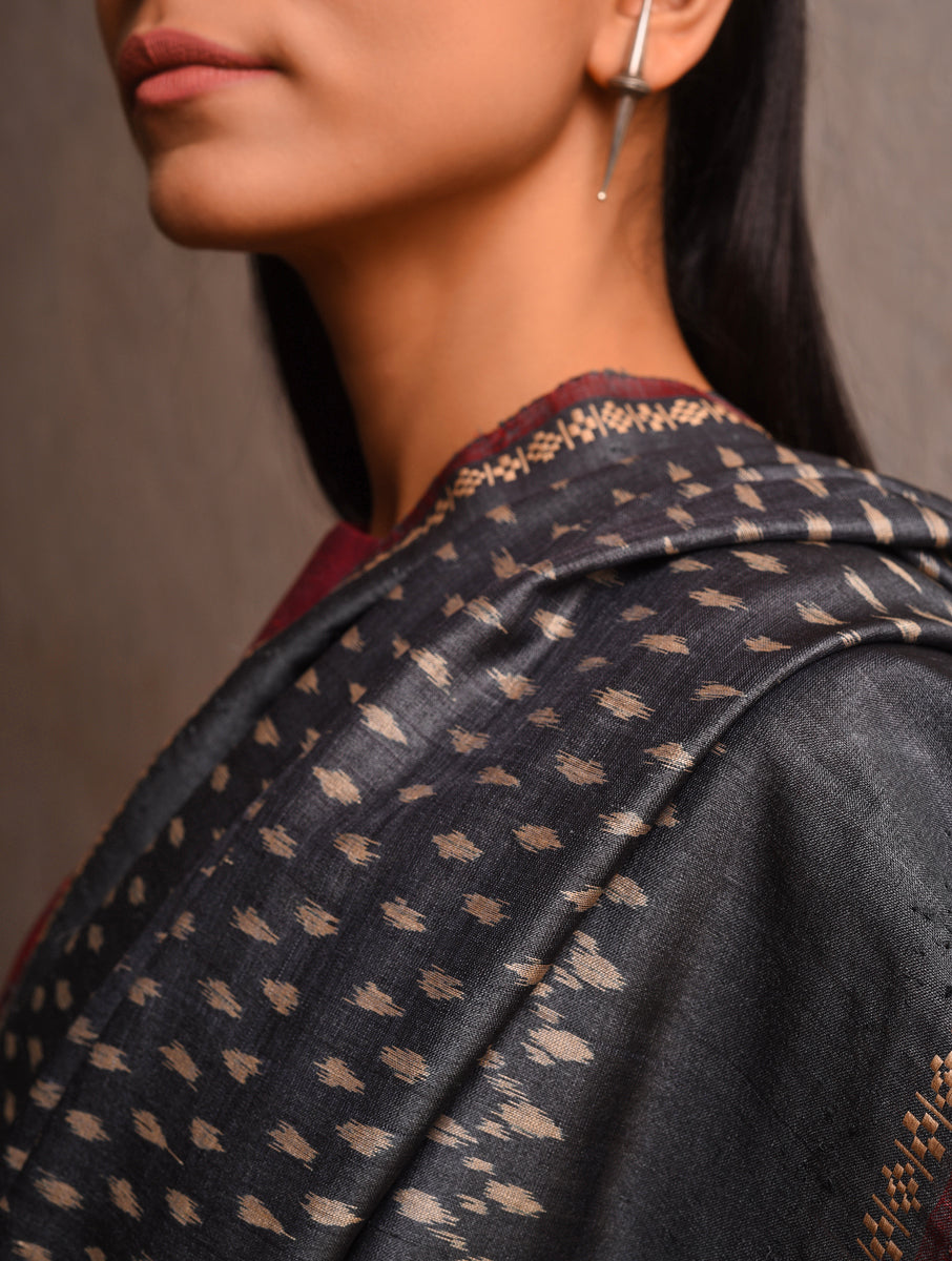 IKAT Tussar Thippa Long Pallu Handwoven Silk Saree - Charcoal Black