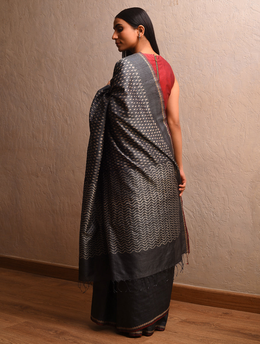 IKAT Tussar Thippa Long Pallu Handwoven Silk Saree - Charcoal Black