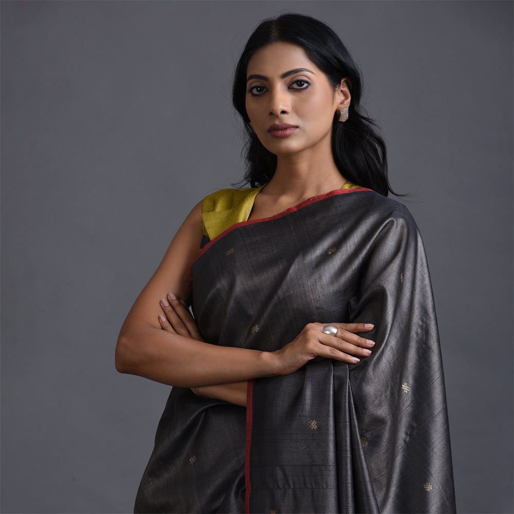 ZARI BUTI Handwoven Tussar Silk Saree - Rusted Black Pink