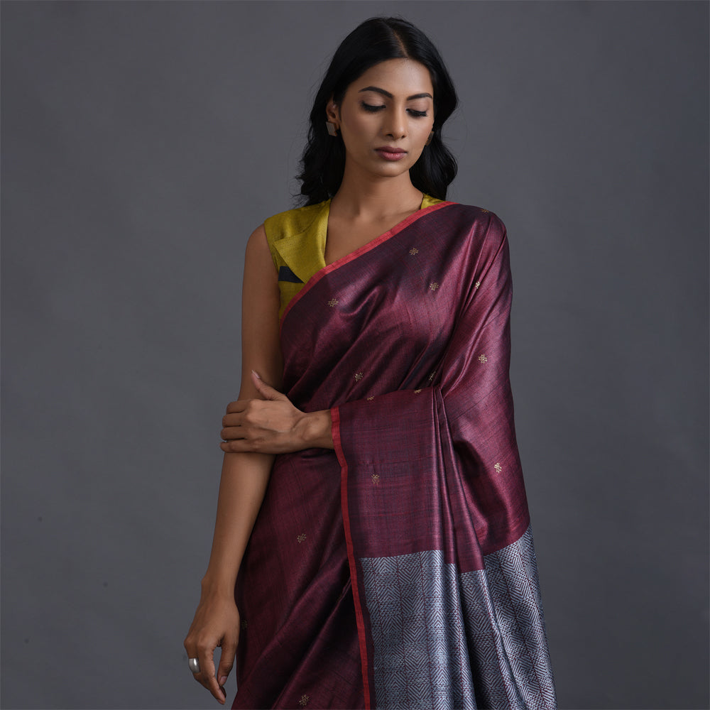 ZARI BUTI Handwoven Tussar Silk Saree - Maroon