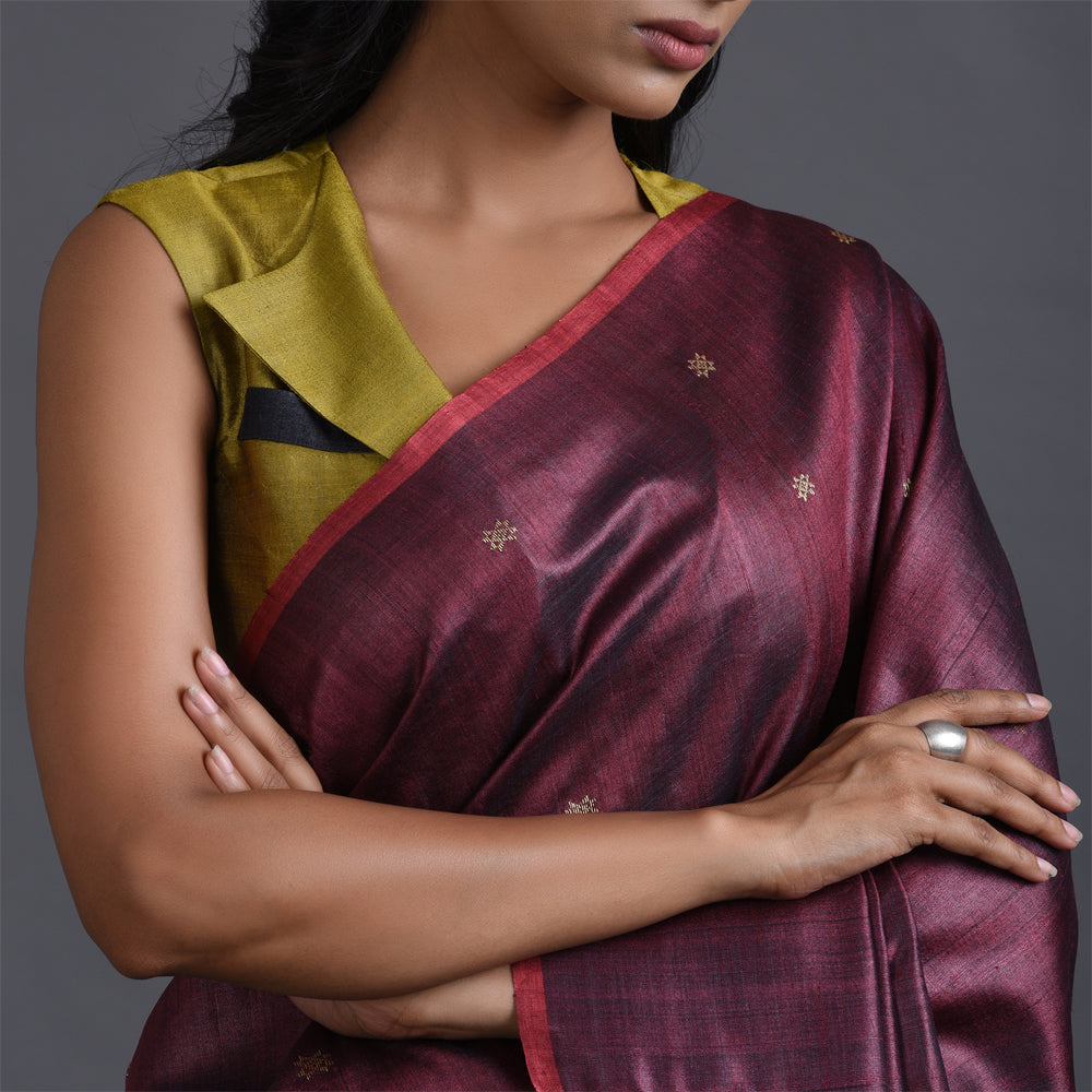 ZARI BUTI Handwoven Tussar Silk Saree - Maroon