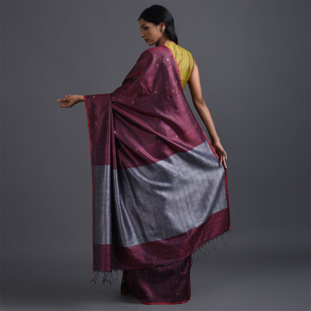 ZARI BUTI Handwoven Tussar Silk Saree - Maroon