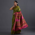 NAVAGUNJARA Handwoven Tussar Silk Sari -  Lemon green