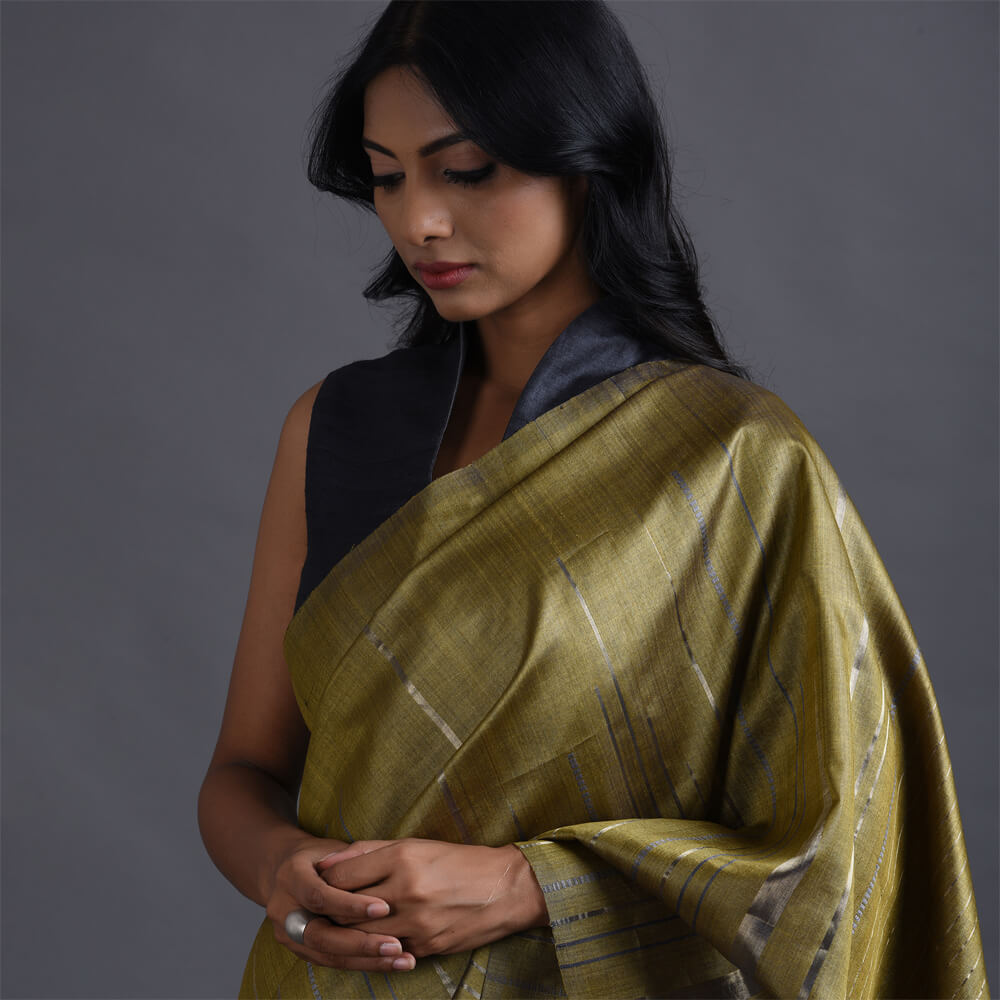 JHOOM Handwoven Tussar Silk Saree - Copper Green