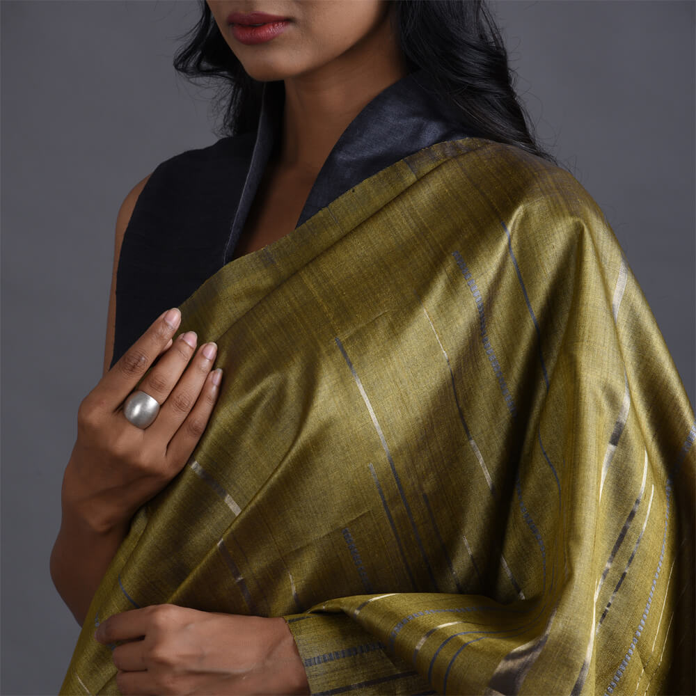 JHOOM Handwoven Tussar Silk Saree - Copper Green