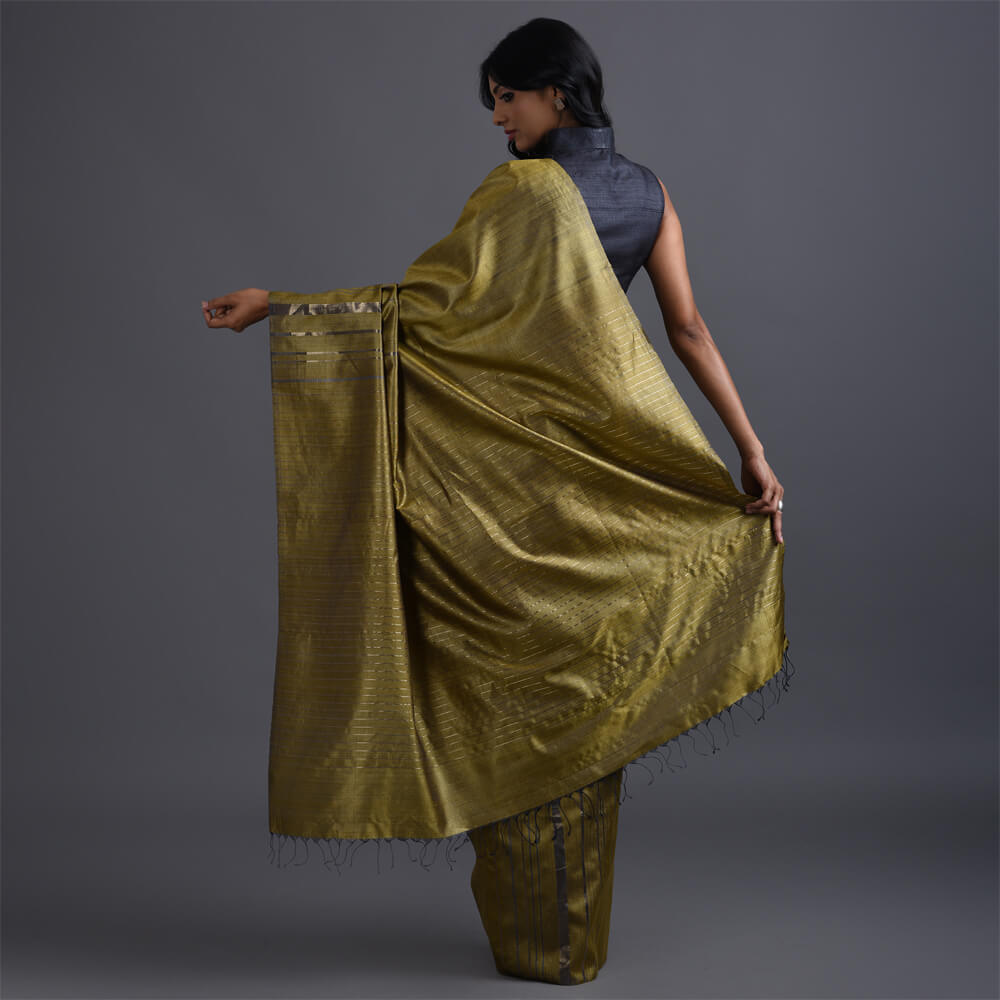 JHOOM Handwoven Tussar Silk Saree - Copper Green