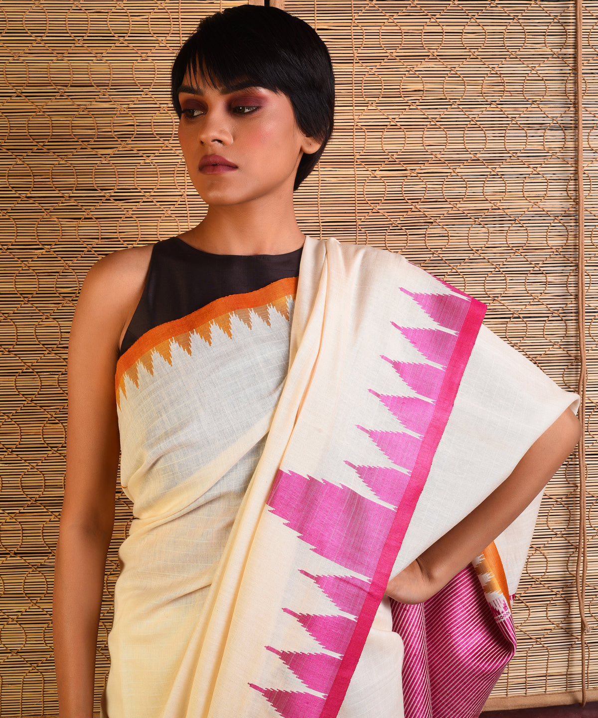 DESI KUMBHA Tussar/Cotton Handwoven Saree - Ivory Pink