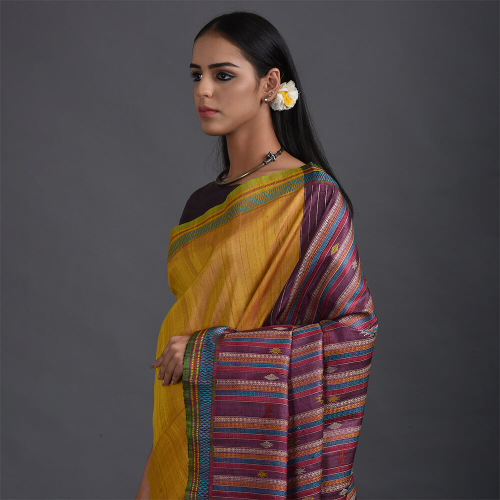 Bomkai Handwoven Tussar Silk Saree - Yellow
