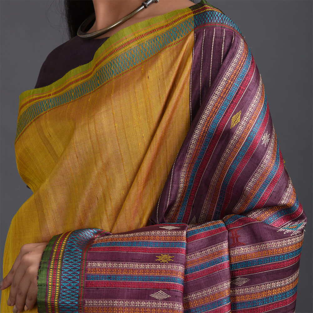 Bomkai Handwoven Tussar Silk Saree - Yellow