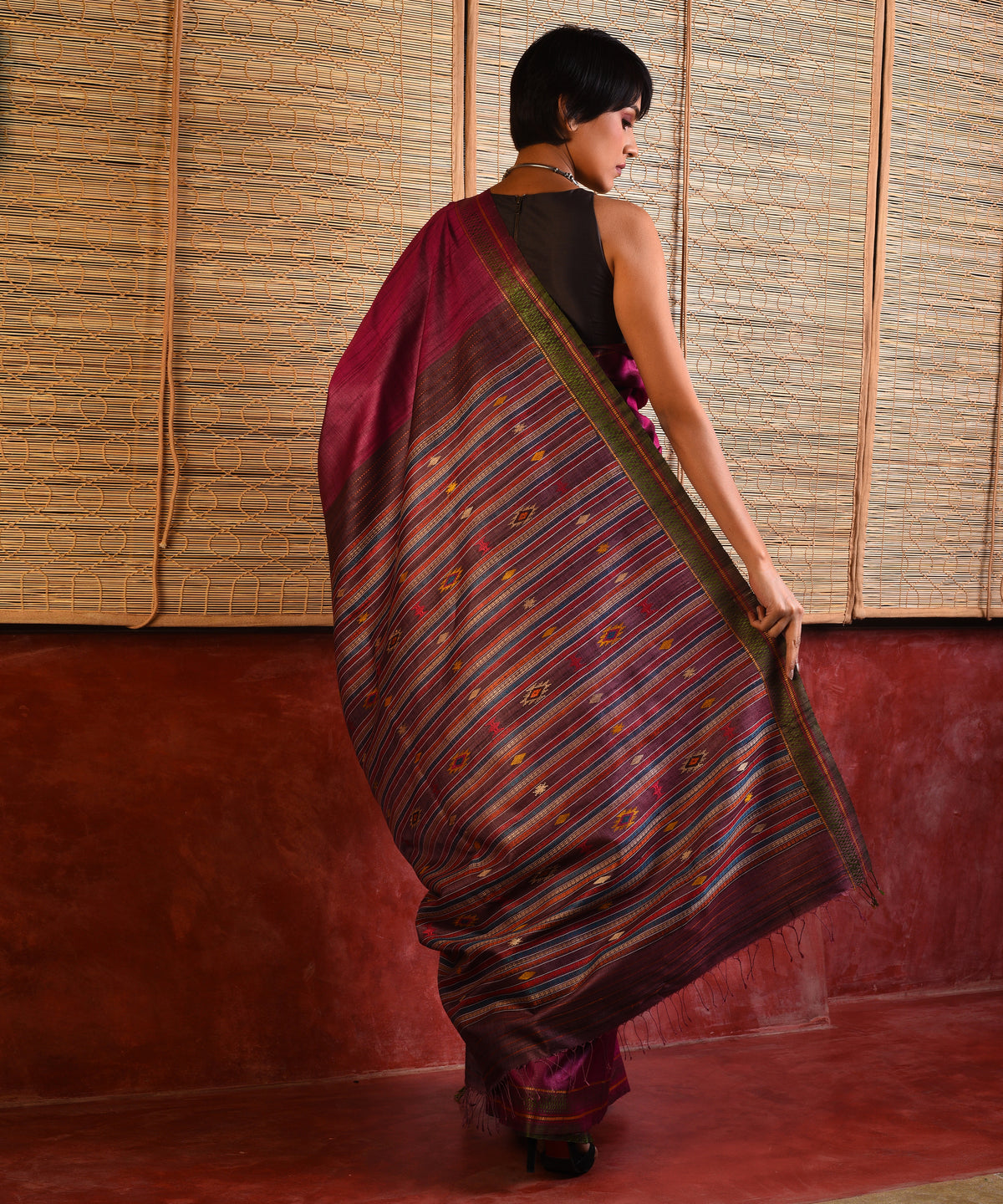 BOMKAI Handwoven Tussar Silk Saree - Aubergine