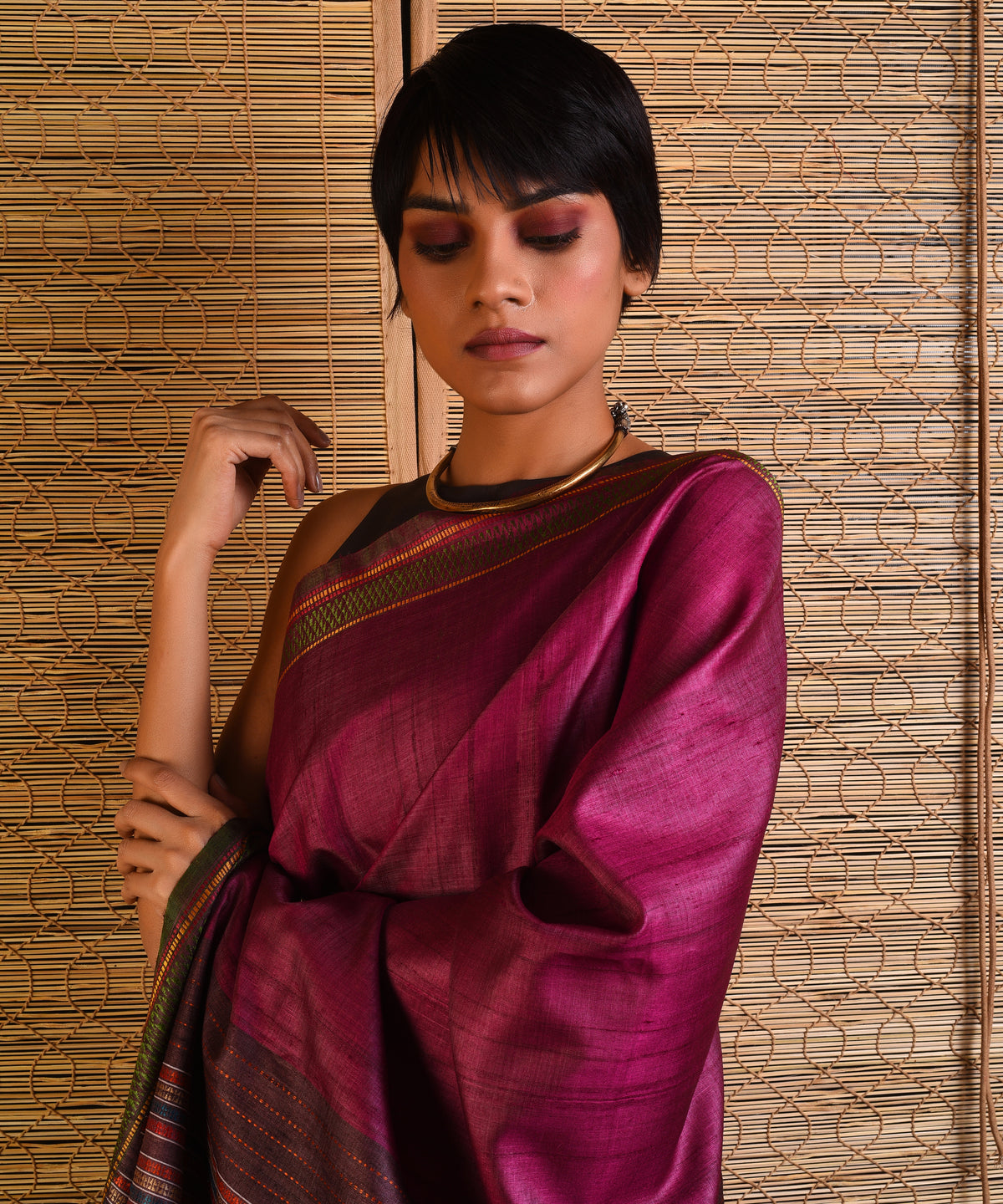 BOMKAI Handwoven Tussar Silk Saree - Aubergine