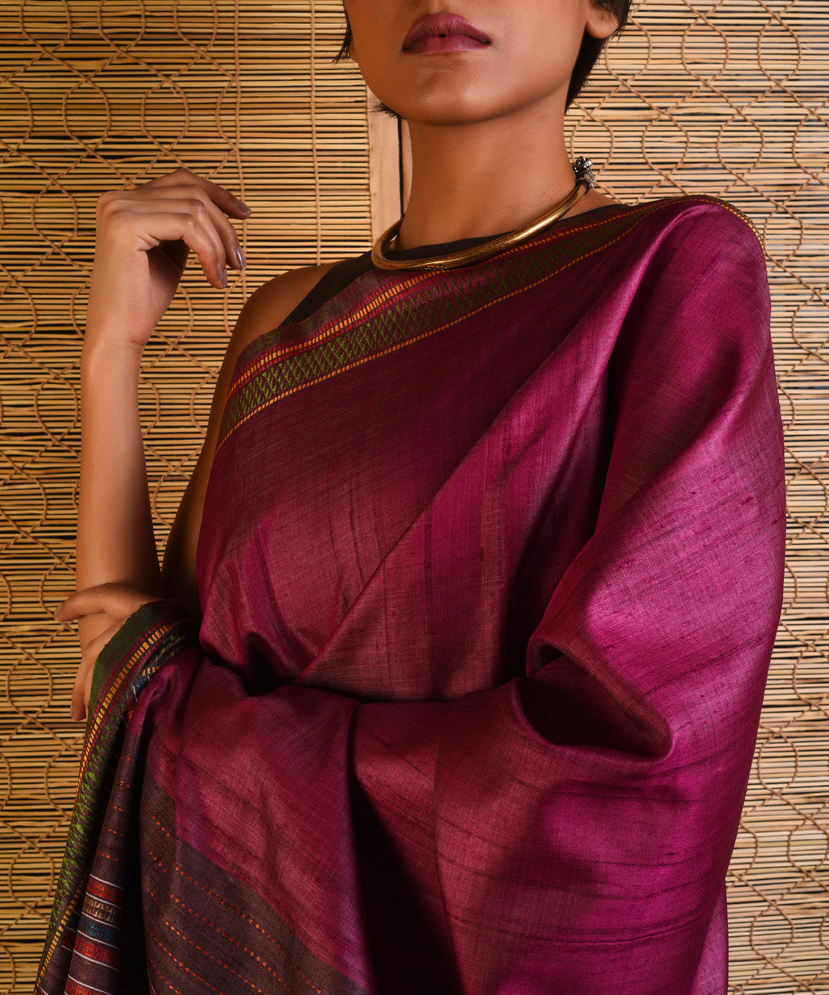 BOMKAI Handwoven Tussar Silk Saree - Aubergine