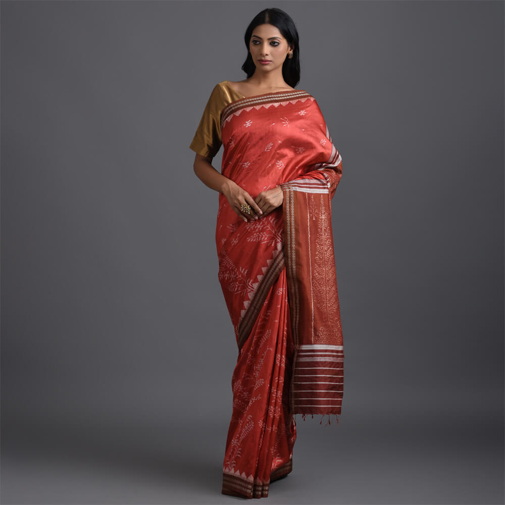IKAT MASTERPIECE Dhaan Patra Handwoven Silk Saree - Manjistha Rust