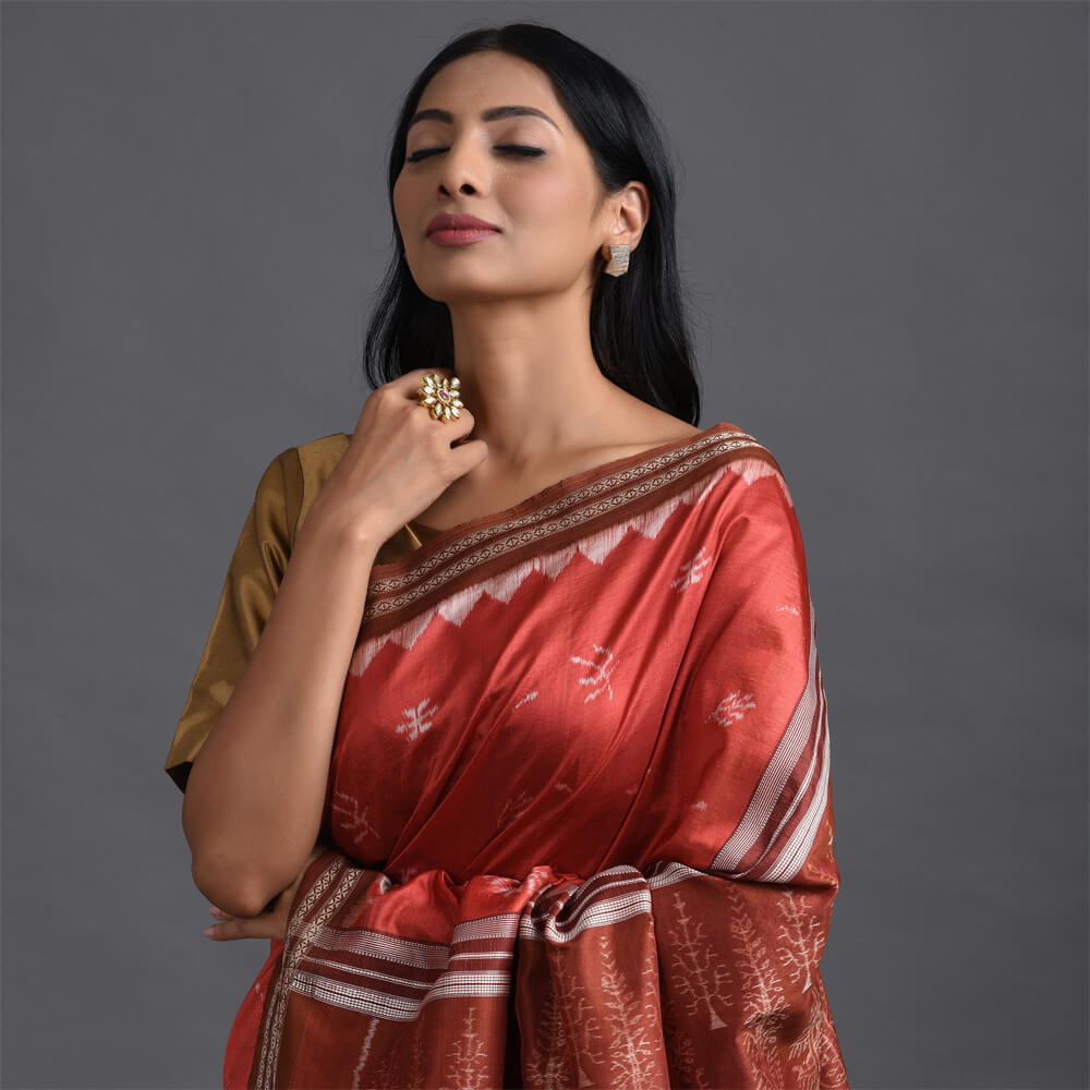 IKAT MASTERPIECE Dhaan Patra Handwoven Silk Saree - Manjistha Rust