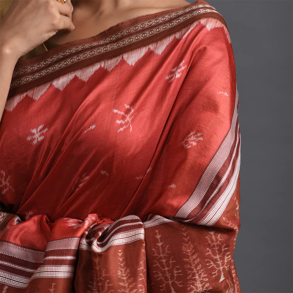 IKAT MASTERPIECE Dhaan Patra Handwoven Silk Saree - Manjistha Rust