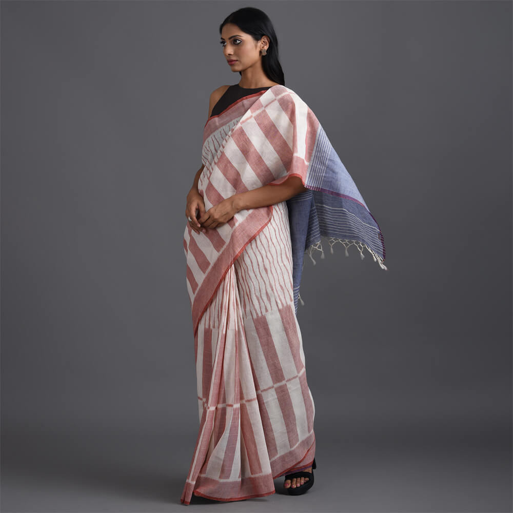 LINEN IKAT Handwoven Saree- Soft Red