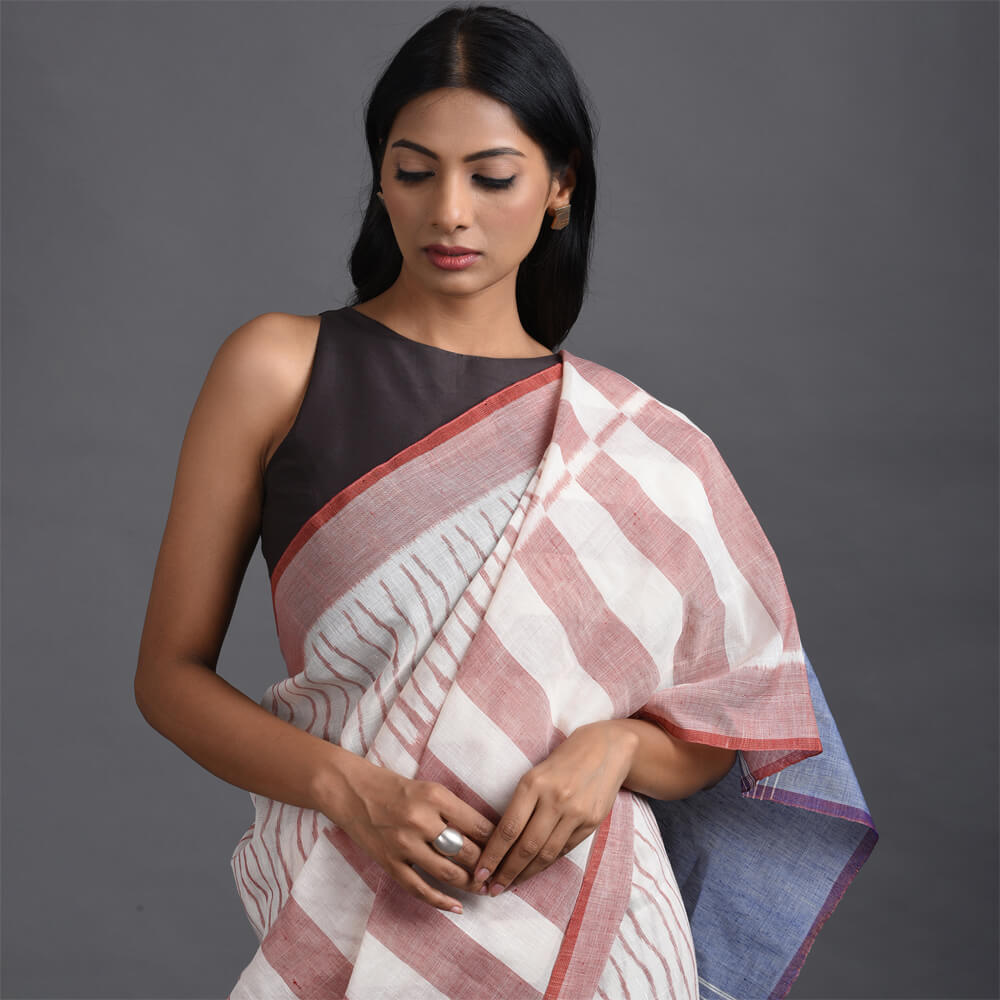 LINEN IKAT Handwoven Saree- Soft Red