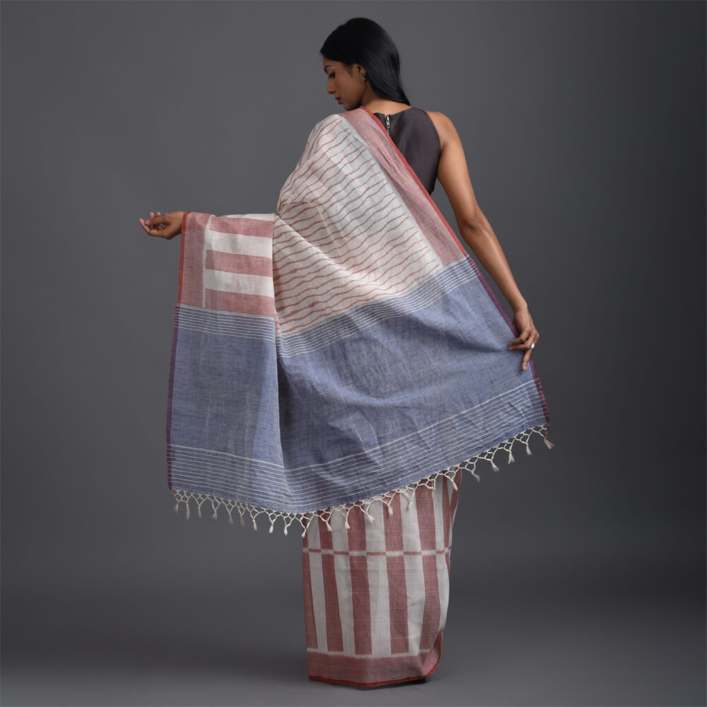 LINEN IKAT Handwoven Saree- Soft Red