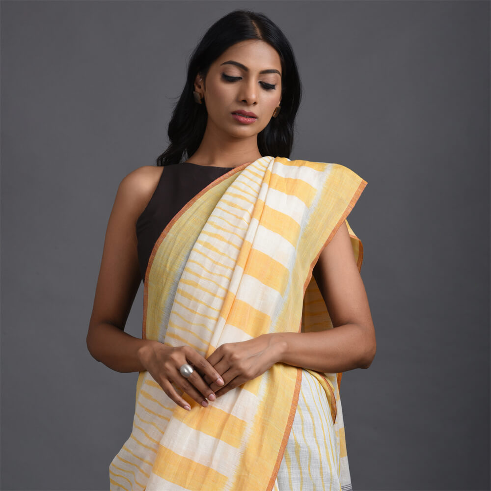 LINEN IKAT Handwoven Saree - Yellow