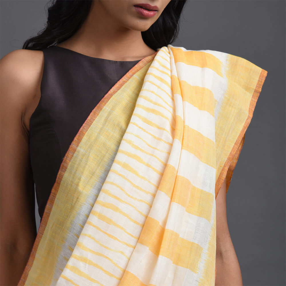 LINEN IKAT Handwoven Saree - Yellow