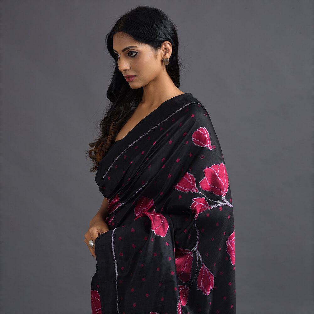GULAAB Ikat Long Pallu Handwoven Silk Saree - Black