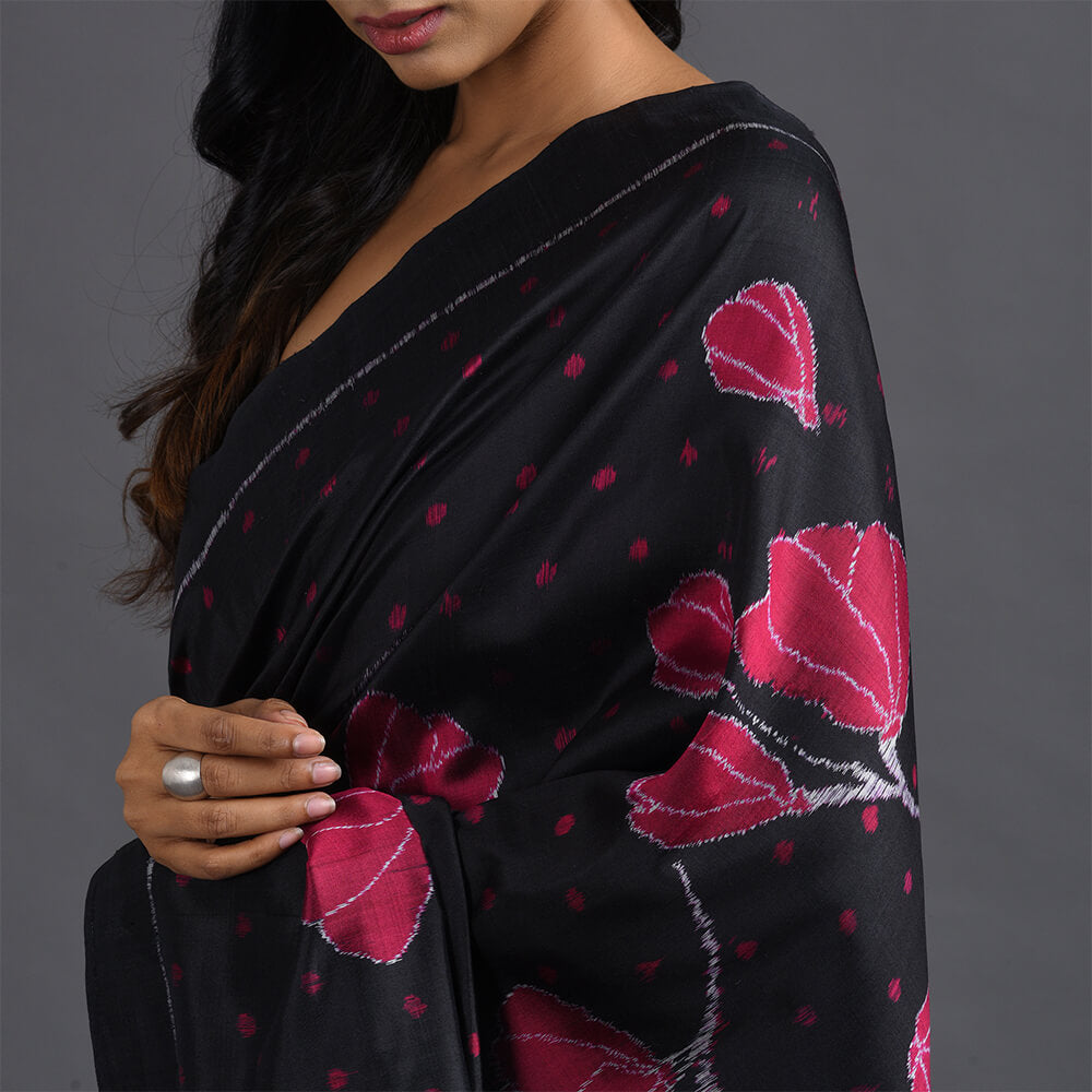 GULAAB Ikat Long Pallu Handwoven Silk Saree - Black