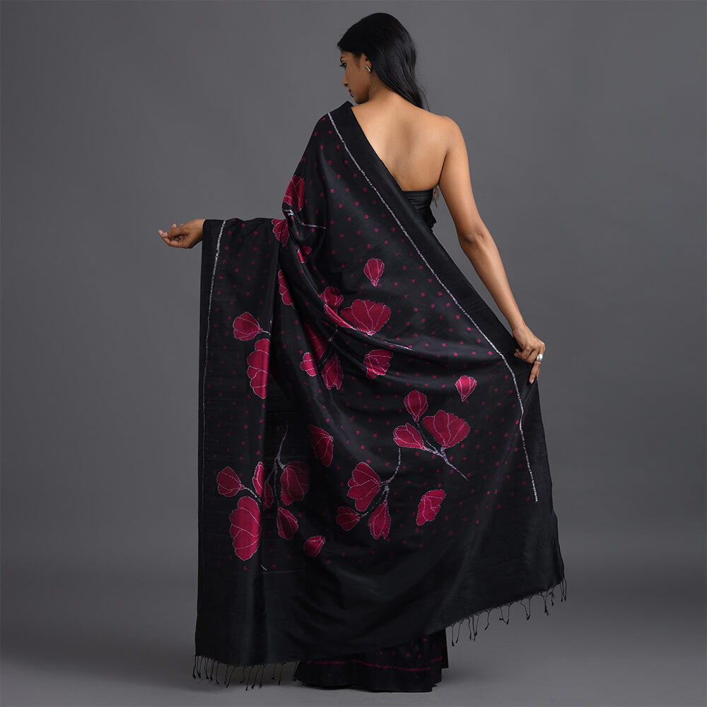 GULAAB Ikat Long Pallu Handwoven Silk Saree - Black