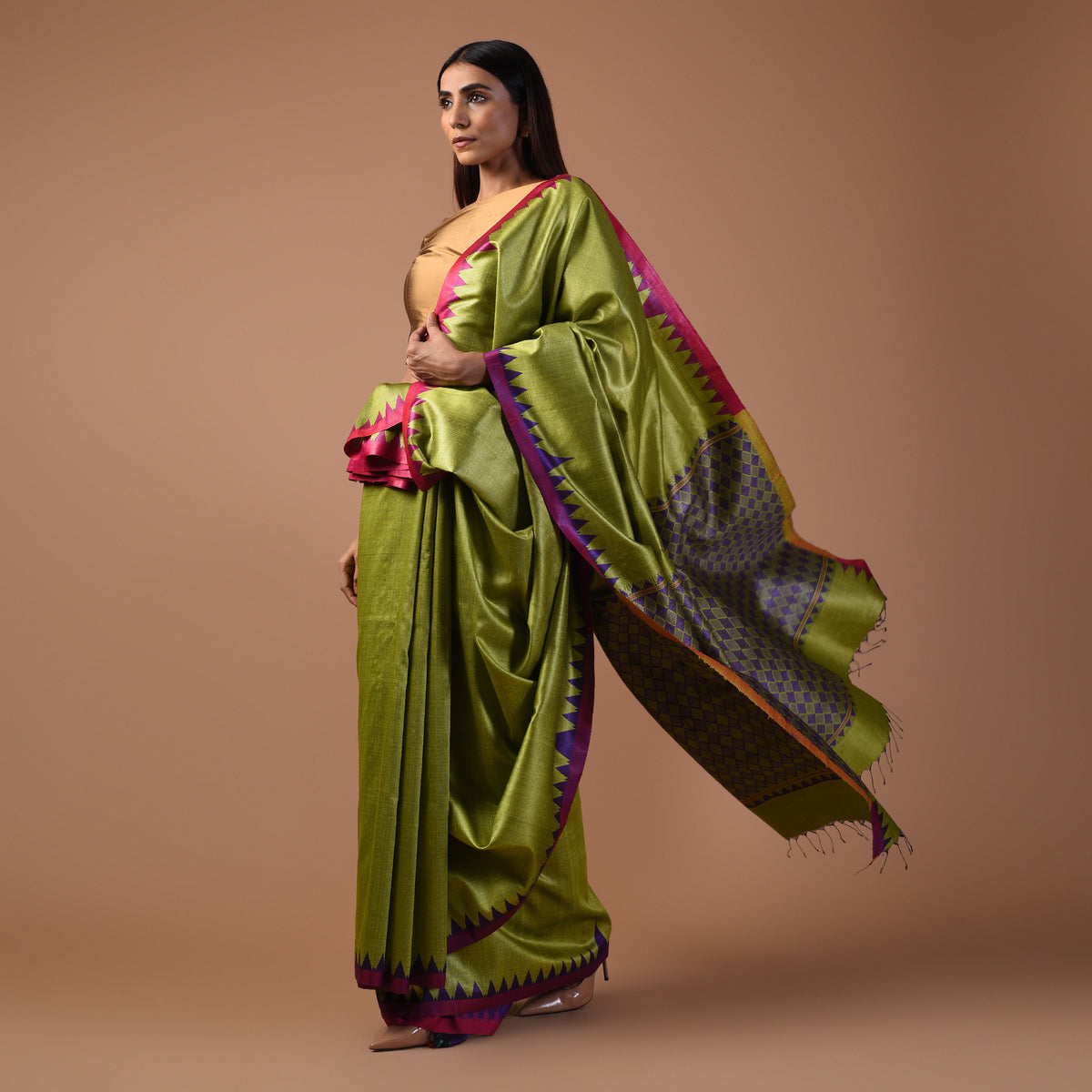 KUMBHA Handwoven Tussar Silk Saree - Olive Green