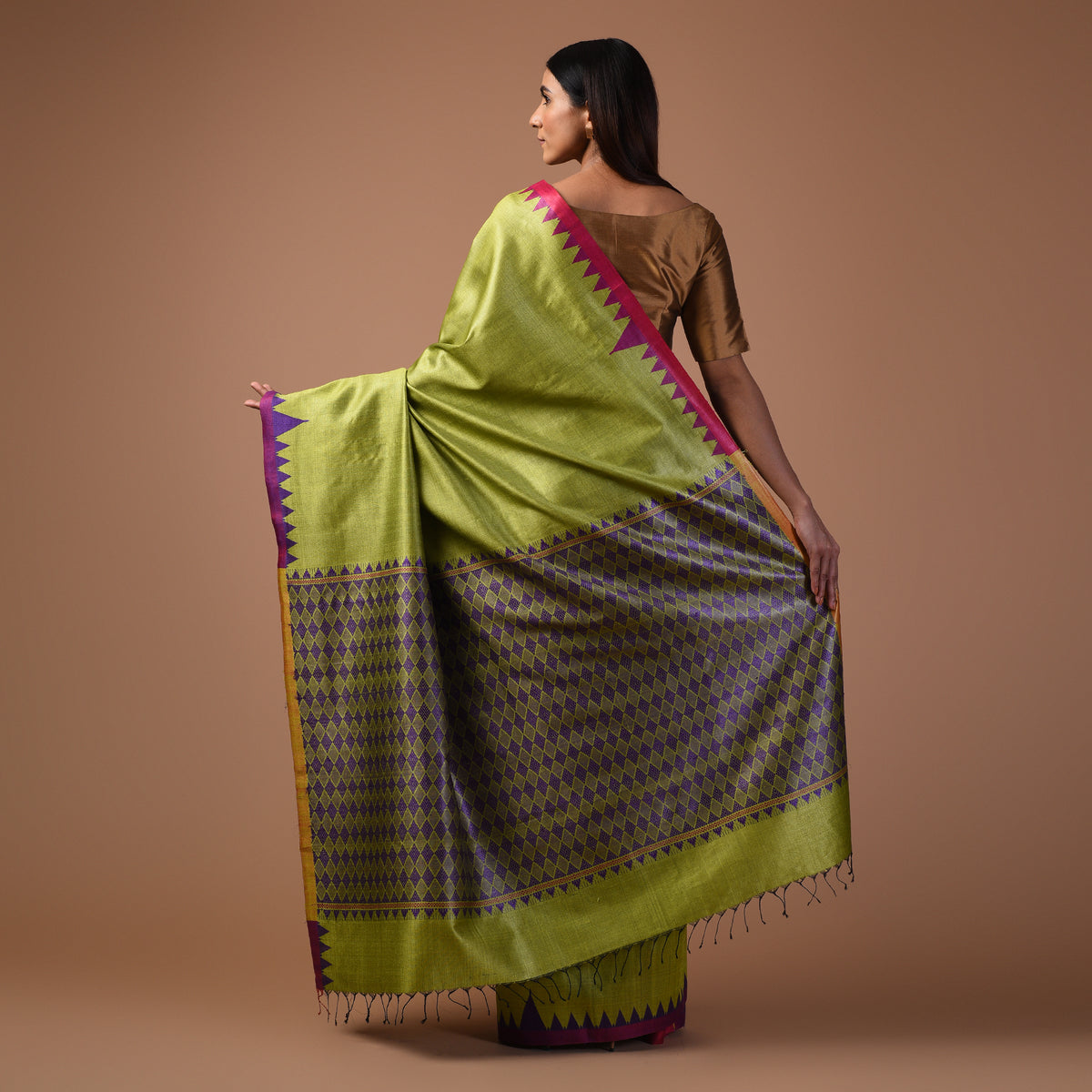 KUMBHA Handwoven Tussar Silk Saree - Olive Green