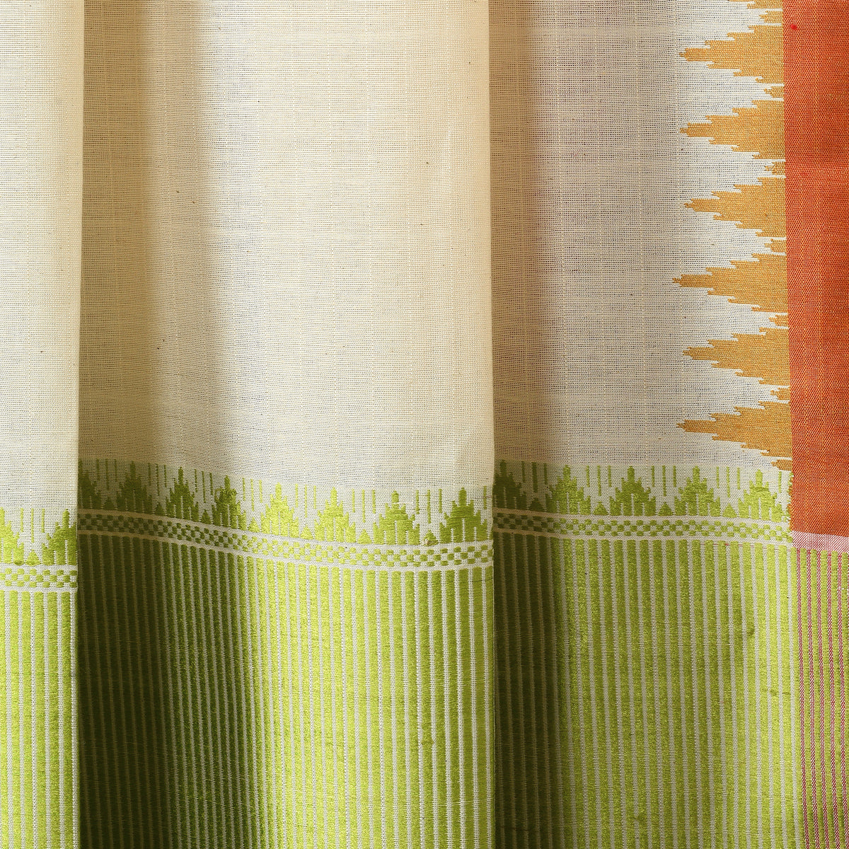 DESI KUMBHA Handwoven Tussar/Cotton Saree - Ivory Gold Green Border